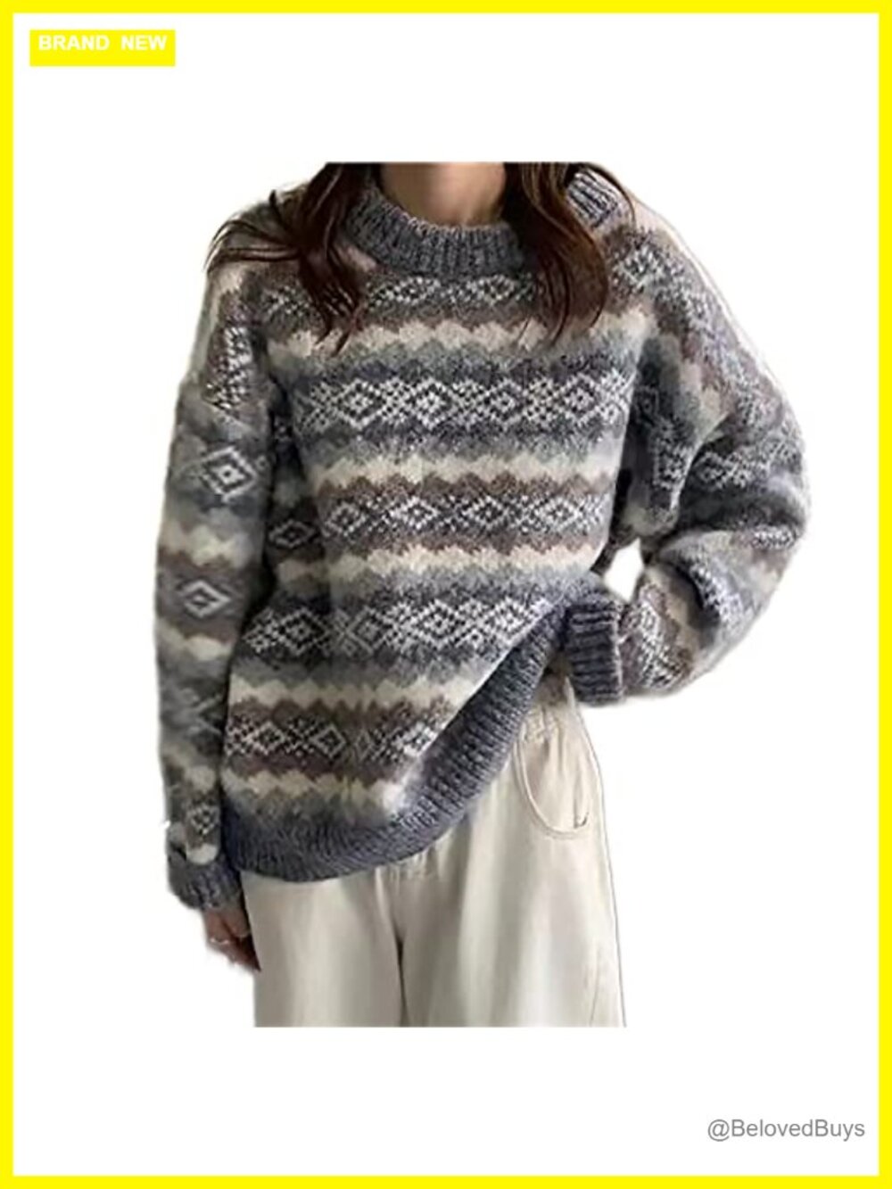 Women's Argyle Print Pullover Aztec Western Sweater Crewneck Grandpa Vintage